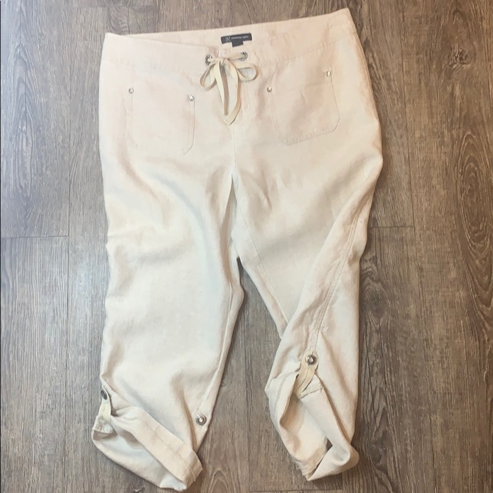 INC Linen Roll Cuff Capri Pants With Rhinestones